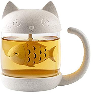 Cute Cat Glass Cup Tea Mug with Fish Tea Infuser Strainer Filter