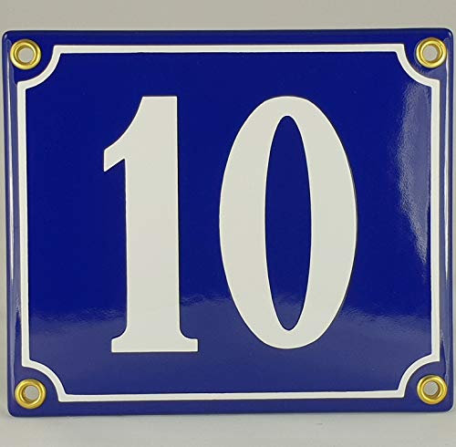 Emaille Schild Hausnummer 10 Blau-Weiß Handarbeit