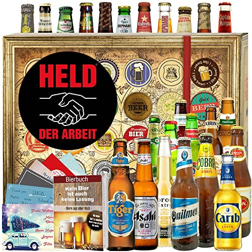 Held der Arbeit - Bier aus aller Welt 24er Set - Adventskalender 2026 | Bier-Geschenkset mit 24 internationalen Bieren, 104-seitigem Bierbuch, Bewertungsbogen und personalisierbaren Urkunden