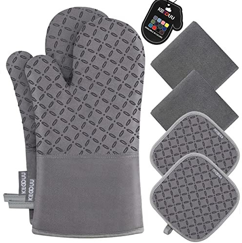 KEGOUU Ofenhandschuhe und Topflappen, 6-teiliges Set, Küchenofenhandschuh, hoch hitzebeständig, 500 Grad, extra lange Topflappen mit rutschfester Silikon-Oberfläche zum Kochen (grau)