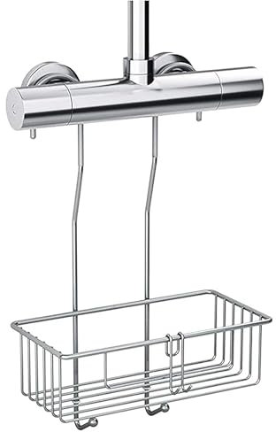 Bamodi Duschregal zum Einhängen in Duscharmatur - Edelstahl Duschablage ohne Bohren - Rostfrei mit Rasiererhalter und Haken - Badezimmer Organizer für Duschzubehör - Silber, 25 x 40 x 13 cm
