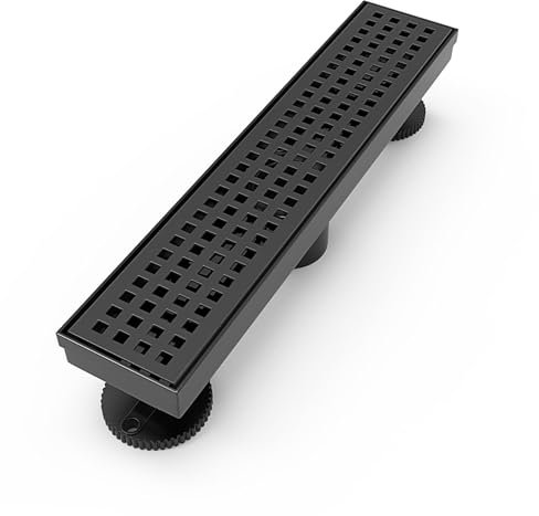 WEBANG 12 Zoll Linearer Duschrinne Rechteckiger Bodenablauf mit Zubehör Quadratisches Lochmuster Abdeckrost Abnehmbarer SUS304 Edelstahl CUPC Zertifiziert Mattschwarz