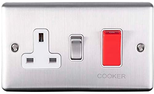 45A DP Oven Switch & Single 13A Switched Power Socket – SATIN STEEL & Grey Trim – 45 Amp Double Pole – Decorative Wall Plate & Solid Metal Rocker – On/Off Mains Appliance/Boiler