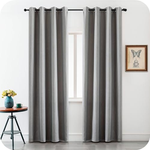 GIRASOLE HOME® Paar Verdunkelungsvorhänge halb, flammhemmend, ideal für Küche, Restaurant, Hotel, Muster, feuerfest, zertifiziert, Isolationsvorhang, 2 Paneele mit Ösen (140 x 275 cm, Grau)