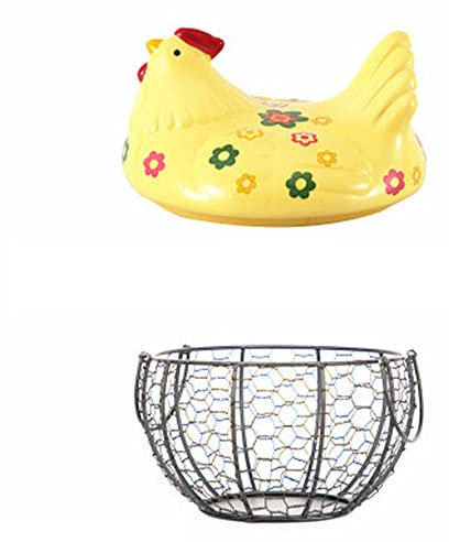 Iron Ceramic Hen Ornament Egg Fruit Basket Kitchen Supplies Kitchen (Yellow)