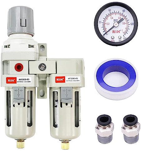 RIH Lufttrocknersystem – 3/8 Zoll NPT Doppel-Luftfilter – 5 Mikron Partikelfilter und Luftdruckregler – Messgerät (0–150 psi), halbautomatischer Abfluss, Polyschale, Halterung – 3-in-1 zwei Einheiten