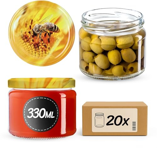 KADAX 20er Set Marmeladengläser 330ml TO82 Biene, Einmachgläser Vorratsgläser Mason Jar mit Schraubdeckel, Luftdichte Schraubgläser, Honig & Konfitüre