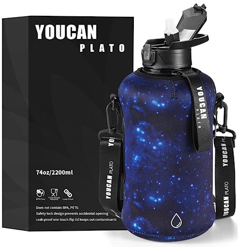 Youcan Plato Trinkflasche 2l Mit Strohhalm und Ärmel,Wasserflasche 2 Liter,2liter Trinkflasche Sport,Gym Flasche, Fitness Gallon Water Bottle,Trinkflasche BPA Frei,Flasche Für Kohlensäure