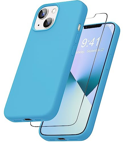 YATWIN Liquid Silicone Case Compatible for iPhone 13 with Tempered Glass Screen Protector, Slim Flexible Soft Full Body Shockproof Phone Case Compatible for iPhone 13 - Sky Blue