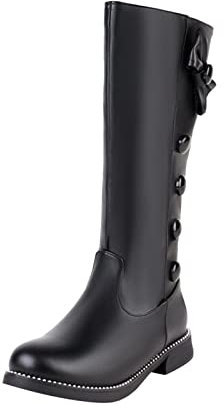 Botas ligeras planas de estilo estudiante con puntera redonda sobre la rodilla negra con tacón, Negro , 41 EU