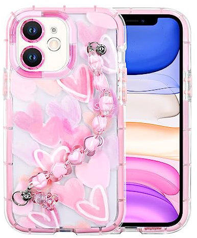 YEPO For iPhone 11 Case Cute Wrist Strap, Pink Heart Design Soft TPU Shockproof Protective Clear Phone Cases for iPhone 11 Girls Women
