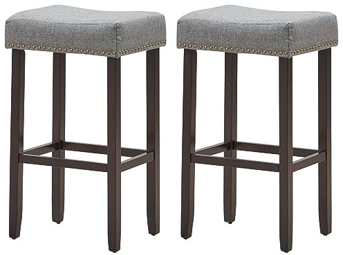 HOMASIS 2er Set Barhocker, Thekenhocker mit gepolstertem Sitzkissen, Küchenhocker mit Massivholzbeinen & Fußstütze, Tragkraft bis 120 kg, für Bars, Bistros, Cafés & Restaurants, 43x33x74cm (Grau)
