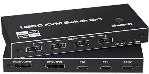 Tendak USB-C KVM Switch, 2 In 1 Out Type-C KVM Switch PC Computer KVM USB-C Switcher with 4 USB 2.0 Ports Support 8K@60Hz, 4K@120Hz, 2 PC Share Mouse, Keyboard and DisplayPort/HDMI Monitor