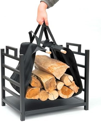 DanDiBo Kaminholzregal Innen Metall Schwarz Stehend mit Tragetasche 45 cm Kaminholzständer 96466 Kaminholzhalter Brennholzregal Feuerholzregal