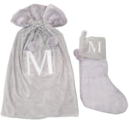 Celebright Matching Christmas Sack and Stocking Set with Embroidered Letter 'M' - Festive Holiday Décor for a Memorable Celebration - Faux Fur - Grey