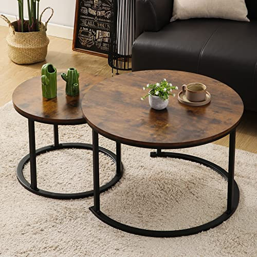 BIGTREE Couchtisch Rund, Satztisch 2er Set, Couchtisch aus Holz, Wohnzimmertisch Modern, Beistelltisch Set mit Metallgestell für Wohnzimmer Balkon Büro (Braun)