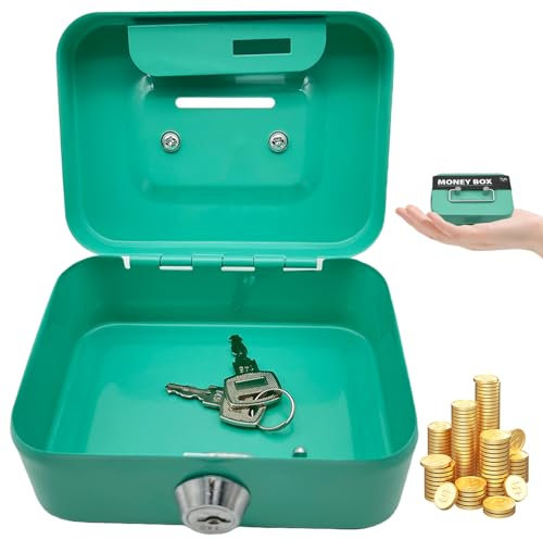 Tin en argent, boîte de rangement verrouillable, boîtes à caisse avec clés, boîte à argent verrouillable 4,5 pouces en fer avec fente de pièce, banque de pièces de monnaie à petite caisse vert