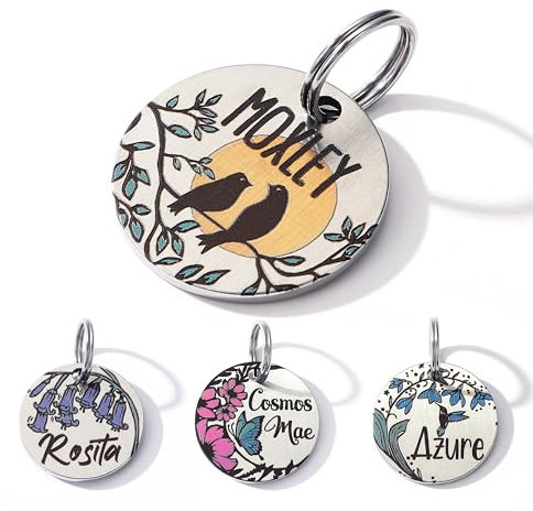 Farbige Hundemarke mit Gravur, Personalisierte Hundemarke aus Edelstahl, Gravierte Hundeanhänger mit Name, Tiermarke für Hunde und Katzen, Hund Namensschilder für Halsband (Vogel)