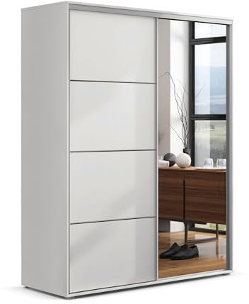 BM-Möbel Großer Schlafzimmerschrank mit Zwei Schiebetüren, Spiegel, Kleiderstange und Regalen - Schwebetürenschrank - für Garderobe, Schlafzimmer - Weiß - 150 X 62 X 215 cm (B/T/H)