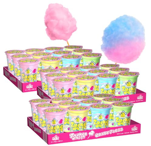 AHA Zuckerwatte 4 bunte Sorten, 36 x 20g im Becher, Premium Qualität, Vorratspackung, 4 Geschmackssorten wie auf dem Jahrmarkt für Party, zuHause, Gartenparty, Feier