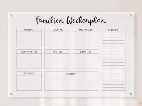 Queence Acrylglas Wochenplaner abwischbar 60x40 cm | Wochenplan transparent | Geburtstags-Kalender | wiederverwendbar | Familienplaner | Notizen | Terminkalender | Wandkalender | Monatskalender
