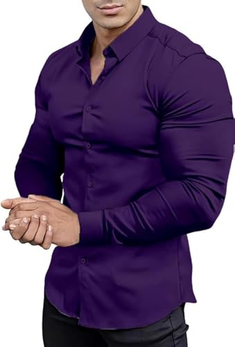 EOUOSS Chemise moulante à manches longues pour hommes, coupe ajustée extensible, style décontracté sportif