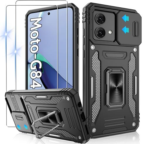 Jshru for Motorola G84 Case with 2 Pack Screen Protector,Military Grade Shockproof Moto G84 Phone Case with Slide Camera Cover,Ring Stand Phone Cover for Motorola Moto G84,Black
