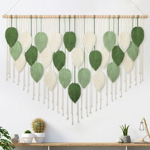 Weldomcor Großer Wandbehang Wandteppich, Boho Makramee Gewebte Handgemachte Quaste Blatt Tapisserie Böhmische Wandkunst Dekor für Schlafzimmer Wohnzimmer Galerie Hintergrund (Grün, Beige, 130x85cm)