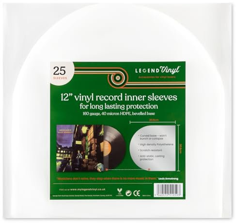 Legend Vinyl 12 Vinyl Record Inner Sleeves, 160 Gauge HDPE with Curved Base, Pack of 25