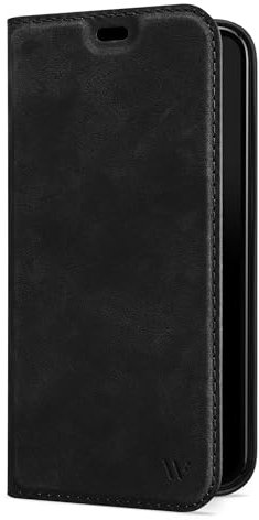 WIIUKA Hülle für iPhone 16 Pro, Leder aus Deutschland, mit Kartenfach, extra Dünn, Handyhülle mit Standfunktion, Tasche Vintage Schwarz