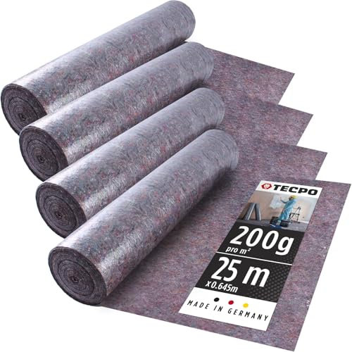 TECPO 4x Malervlies 25m Schutzvlies 200g/m² Abdeckvlies Anti-Rutsch Beschichtung Malervliesrolle - Durchsickerungsschutz, Rutschfest, Staubdicht geeignet für Renovierung, Abdeckung, Flüssigkeiten