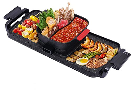Hot Pot Olla Eléctrica Eléctrica 2200W 220V con Parrilla Pan, 50-240ºC 5 Velocidades para Interior y Banquete de Boda Reuniones Familiares 80x24.5x18cm