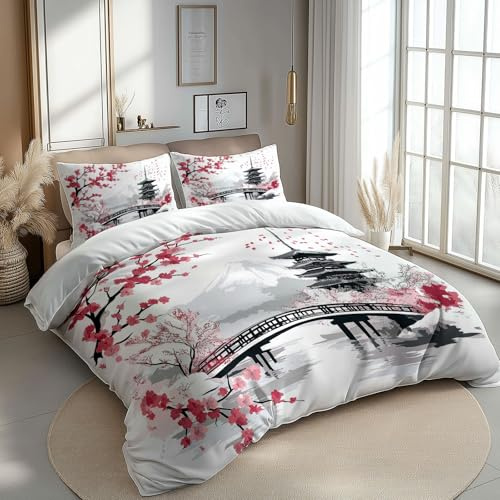Housse de Couette 140 x 200 cm Parure de Lit Adulte Réversible avec Fermeture Éclair, Housse de Couette 1 Personnes Imprimée Peinture à l'encre de fleurs de cerisier japonais et 2 Taie d'oreiller