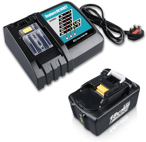 BL1860B 18V 5.5Ah Battery Li-ion Replacement for Makita 18V Battery and DC18RC 6.0Ah Charger with Cooling Fan Compatible with Makita BL1860B BL1850 BL1860 BL1820 with LED Indicator