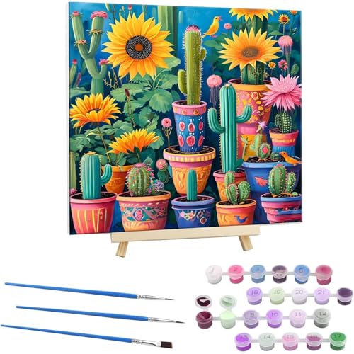 Guuogxan Malen Nach Zahlen Kinder Erwachsene Anfänger, Handgemalt Ölgemälde Kit für Mädchen Jungen ab 5 6 7 8 9 Jahre, DIY Paint by Numbers Kaktus als einen Kindergeburtstag Geschenk 45x45cm V-867