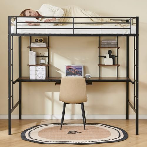 Hochbett Erwachsene, Metallisches Loftbett mit Ablagefächern und einem integrierten Schreibtisch Hochbett, Fallschutz und doppelseitig rutschfestem Treppen, 90×190cm, Schwarz