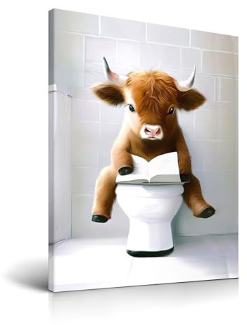 HesenDot Kuh auf Toilette Wandbild mit Rahmen, 30x40cm Lustiges Tier Leinwandbild, Niedliches Badezimmer Tierposter, Witzige Humorvolle Wand Deko für Bad Kinderzimmer