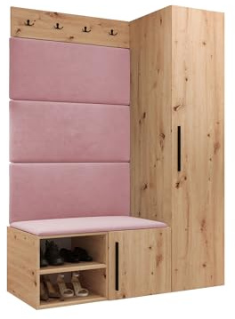 Mirjan24 Garderoben-Set Mapreni II, Schuhschrank + Kleiderhakenbrett + Kleiderschrank Gepolstertes Paneel/Wandpaneel Kleiderhaken Flurgarderobe Wandgarderobe (Artisan Eiche, Manila 09)