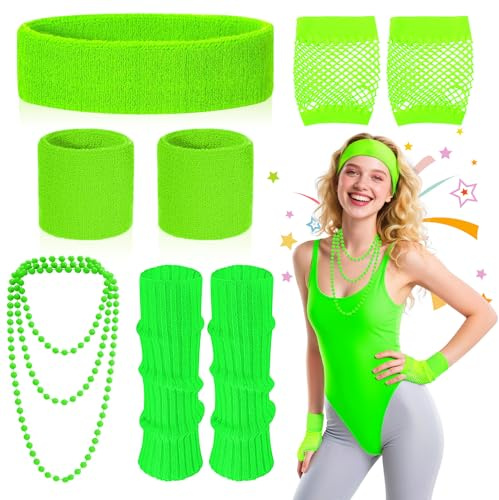 5Pcs Neon 80s Fancy Dress Costume Accessories Set for Women, Retro 80s Accessories with Leg Warmers, Fishnet Gloves, Headband, Wristbands, Necklace, for 1980s Theme Party