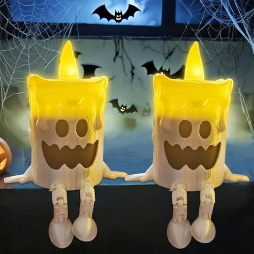 Halloween Kerzen LED, 2 Stück Geister Halloween Deko, Flammenlose Teelichter mit Geisterausdruck, Batteriekerzen Kerzen Geist mit LED Licht, Grusel Party Deko für Indoor Heimdekoration Tischdeko