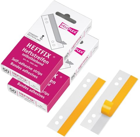 VELOFLEX 2002000 - HEFTFIX Heftstreifen, Abheftstreifen, 105 mm lang, 50er SB-Packung, selbstklebend, glasklar (2, Heftfix SK)