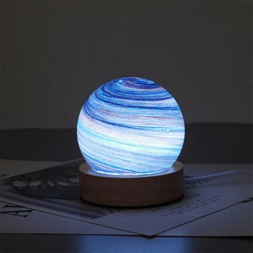 Uranus blaue Planet Glas Kugellampe mit Holzbasis Dreifarbige Dimming Design Wirbel Planet Tischlampe Anzug für Schlafzimmer Nachttisch Wohnzimmer USB Stecker