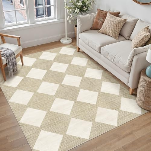 PureCozy Kariert Beige Waschbarer Teppich Wohnzimmer 120x170cm kurzflor rutschfest Weich Moderner Boho Retro Teppiche für Küchen Schlafzimmer Esszimmer Bedroom Living Room Büro