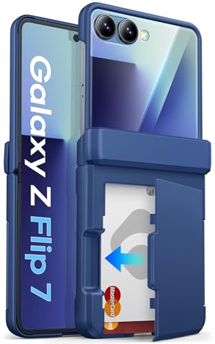 SIXBOX for Samsung Galaxy Z Flip 7 Wallet Case with Card Holder (3 Cards) & Hinge Protection & Outer Screen Protector, Shockproof Rugged Cover Phone Case for Samsung Galaxy Z Flip 7 5G 2025, Blue