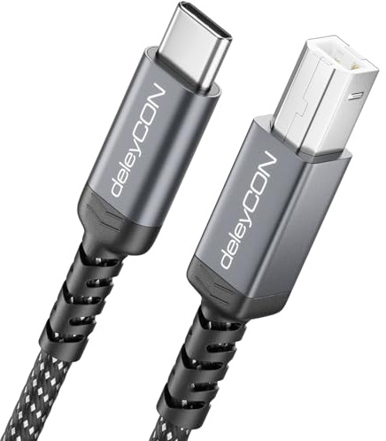 deleyCON 3,0m USB C Druckerkabel (für Drucker, Scanner, MIDI) USB-C auf USB-B Kabel Printer Cable Geflochten + Metallstecker für HP Samsung Epson Dell Lexmark Brother Canon Usw.