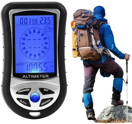 Digitaler Höhenmesser: Kompaktes Barometer, Temperatursensor, Kompasswerkzeug, tragbares Messgerät, Display mit Hintergrundbeleuchtung, Tageszeituhr, Wandern, Reisen, Bergsteigen