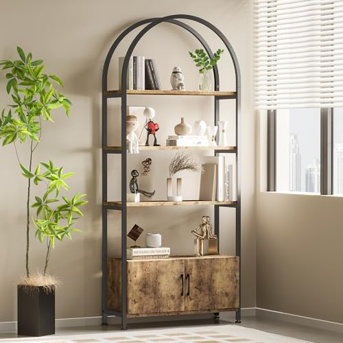 Niwugady Bücherregal 4 Ebenen, Bogenförmig Regal mit Türen, Metallrahmen Offenes Regal rutschfest Stabil, Bücherschrank für Wohnzimmer Schlafzimmer Arbeitszimmer Büro 80 x 28 x 182cm, Braun