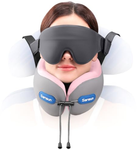 SARISUN Nackenkissen Flugzeug mit 3D-Augenmaske und Sitzgurt, Travel Pillow | Nackenhörnchen Reise mit Sitzgurt, Komfort Memory-Schaum für Kopfstütze bei Flügen, Auto und Reisen, Grau/Rosa