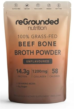 Regrounded Beef Bone Broth Powder With Hyaluronic Acid | Improve Joints, Skin, & Gut | 100% Grass-Fed | Liquid Collagen Amino Acids | Keto, High Protein, Gluten & Diary Free | 20 Servings / 300G