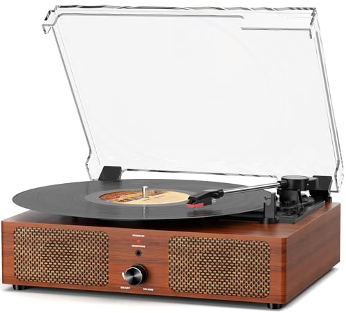 Tourne-disque vinyle Bluetooth avec haut-parleurs intégrés et lecteur phonographe vintage piloté par courroie USB, lecteur LP à 3 vitesses, prise en charge de lecture et d'enregistrement USB, entrée